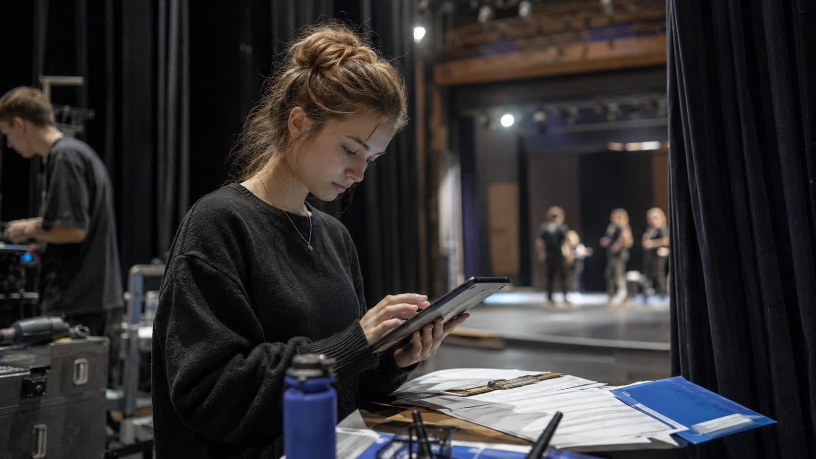 Продюсер сверяет график спектакля на планшете за кулисами